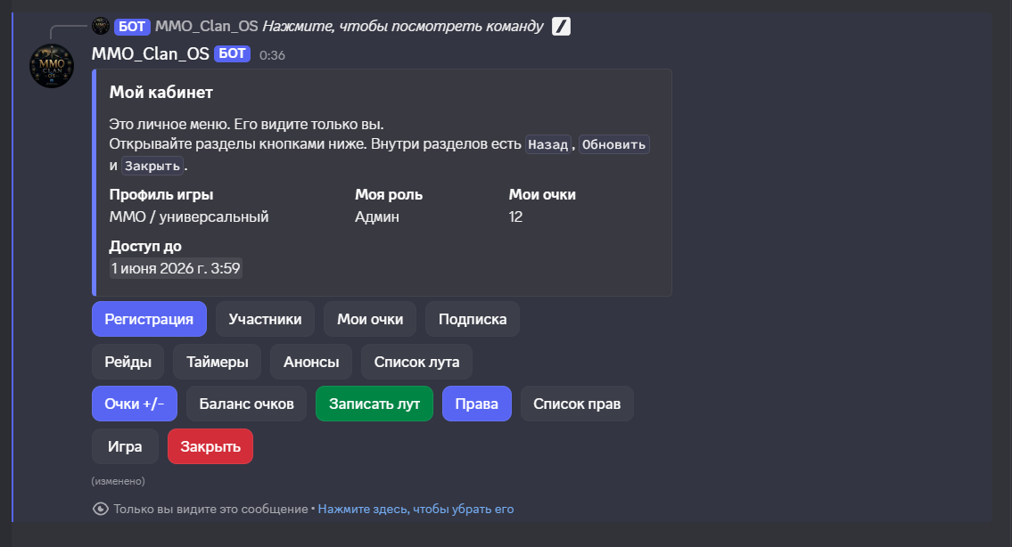 Личный кабинет MMO Clan OS с разделами рейдов, таймеров, очков, лута и прав